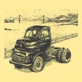 Marine view with truck, vintage drawing in vector