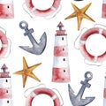 Marine watercolor lighthouse, lifebuoy and starfish seamless pattern