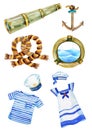 Marine watercolor objects, cable, cabin window, anchor and telescope