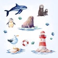 Marine watercolor sticker set.