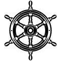 Marine wooden steering wheel from a ship, consisting of six spokes. Monochrome vector illustration. Template or element for design