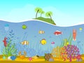 Marine world background vector illustration. Underwater elements, seaweed sand and moss, jellyfish, sea horse and