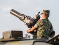 Marines and tank with cannon in military parade of Royal Thai Navy, Sattahip Naval Base, Chonburi, Thailand