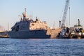 Marinette, Wisconsin, USA, May 7, 2022 - USS Marinette LCS-25 combat ship on the Menominee River off of Lake Michigan sitting in