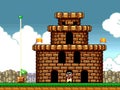 Mario at the end of level, art of 16-bit Super Mario Bros classic video game, pixel design vector illustration. Super Mario Bros
