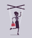 Marionette businesswoman, manipulated controlled puppet worked by strings