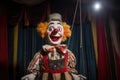 a marionette puppet resembling a clown against a circus backdrop