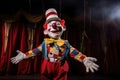 a marionette puppet resembling a clown against a circus backdrop