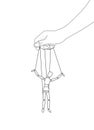 Marionette string puppet manitpulation. Thread control puppeteer hand manipulate wooden figure vector illustration. Graphic stock