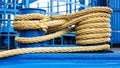 Blue bollards with dew on a ship