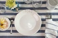 Maritime dinner menu mockup, styled photo. Plate, glasses and cutlery arranged on a table