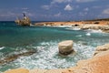 Maritime landscape - boat shipwrecked , turquoise sea with waves Royalty Free Stock Photo