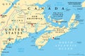 The Maritimes, the Maritime provinces of Eastern Canada, political map