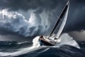 Maritime Resilience: Sailboat Battling Fierce Waves During a Storm in the Middle of the Ocean - Dark Ominous Clouds Sweeping the