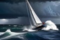 Maritime Resilience: Sailboat Battling Fierce Waves During a Storm in the Middle of the Ocean - Dark Ominous Clouds Sweeping the