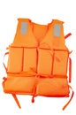 Maritime safety equipment, floatation device and water activities concept with an orange life jacket isolated on white background