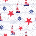 Maritime seamless repeat pattern with starfish, rope and lighthouse in red and blue.Perfect for wrapping, textile and design.