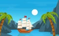 Maritime ships at sea, brigantine ship near tropical palm and mountain. Water transportation tourism transport cartoon vector Royalty Free Stock Photo