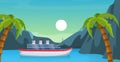 Maritime ships at sea, brigantine ship near tropical palm and mountain. Water transportation tourism transport cartoon vector