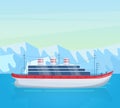 Maritime ships at sea, brigantine ship near tropical palm and mountain. Water transportation tourism transport cartoon vector Royalty Free Stock Photo