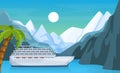 Maritime ships at sea, cruise ship ship near tropical palm and mountain. Water transportation tourism transport cartoon vector Royalty Free Stock Photo