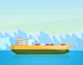 Maritime ships at sea, ferryboat against the background of mountain glaciers. Ferry boat water transportation tourism transport