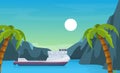 Maritime ships at sea, brigantine ship near tropical palm and mountain. Water transportation tourism transport cartoon vector Royalty Free Stock Photo