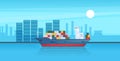 Maritime ships at sea. Industrial sea cargo logistics container, container ship with load. Seagoing freight transport, global