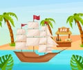 Maritime ships at sea, sailboat, frigate with sails near tropical beach with palm. Water transportation tourism transport cartoon Royalty Free Stock Photo