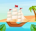Maritime ships at sea, sailboat, frigate with sails near tropical beach with palm. Water transportation tourism transport cartoon Royalty Free Stock Photo