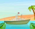 Maritime ships at sea, sailing yacht near tropical beach with palm. Water transportation tourism transport cartoon vector Royalty Free Stock Photo