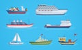 Maritime ships at sea, shipping boats, sailboat. Water transportation boat tourism transport cartoon vector