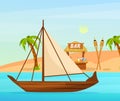 Maritime ships at sea, small boat with sails about Tiki bar with signboard on tropical beach. Water transportation tourism