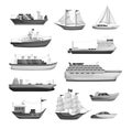 Maritime ships silhouette, shipping boats, sailboat, yacht sailing, cargo cruise ship, steamship, vessel, frigate with sails,