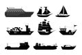 Maritime ships silhouette, shipping boats, sailboat, yacht sailing, cargo cruise ship, steamship, vessel, frigate with sails