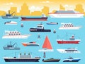 Maritime transport. Shipping dock with big sea or ocean vessel and sail boat, yacht and travel motor cruiser vector set