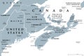 The Maritimes region of Eastern Canada, Maritime provinces gray political map