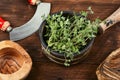 Fresh marjoram leaves on the table