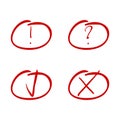 Mark red marker. Tick and cross, exclamation and question symbol Royalty Free Stock Photo