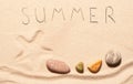 Mark of starfish, sea stones, summer lettering drawn on sand