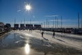 Ice skating in the harbour of Marken, a historic village on the Markermeer, Holland