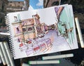 Marker drawing of Rome Italy street landscape, urban sketch