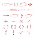Marker emphasis vector handwritten circles, arrows and underlines on white paper