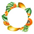 Marker frame, logo and templates with sweet ripe slice of papaya with grains, tropical leafs, monstera in watercolor
