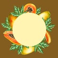 Marker frame, logo and templates with sweet ripe slice of papaya with grains in watercolor style. Hand drawn realistic