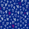 Modern hand-drawn marker heart shapes seamless pattern blue background