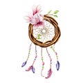 Marker illustration of ethnic wooden wicker wreath dreamcatcher of twigs with spring leaves and pink magnolia flowers