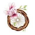 Marker illustration of ethnic wooden wicker wreath dreamcatcher of twigs with spring leaves and pink magnolia flowers in