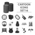 Marker for paintball, equipment, balls and other accessories for the game. Paintball single icon in monochrome style
