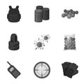 Marker for paintball, equipment, balls and other accessories for the game. Paintball single icon in monochrome style